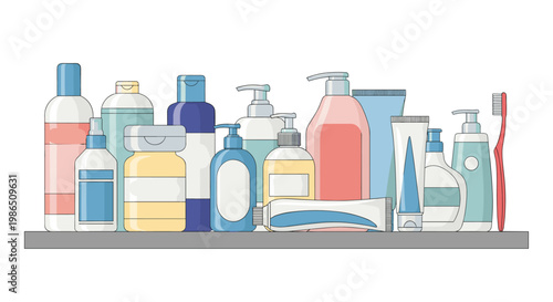 Collection of various cosmetic and personal hygiene products in plastic bottles and tubes arranged on a bathroom shelf.