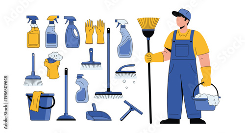 Professional male cleaner in blue overalls holding a mop and bucket surrounded by various cleaning equipment and tools.