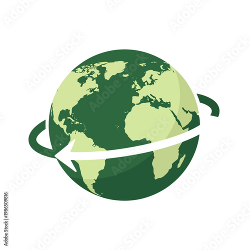 Green earth globe with orbiting arrow, global travel and connection concept