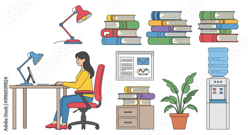 Professional woman working at her desk with a computer surrounded by common office items like books and a water cooler.