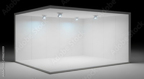 Empty white exhibition booth with four spotlights on a dark background.