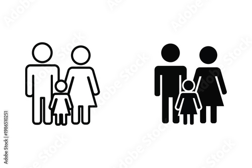 Simple Line Art and Silhouette Icons of a Family: Parents and Child, Vector Illustration
