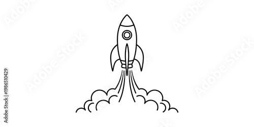A simple black and white line drawing of a rocket ship launching into space with smoke.