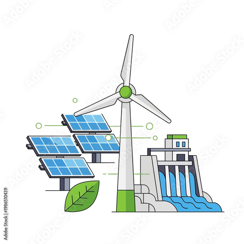 Renewable Energy Sources: Wind Turbine, Solar Panels, and Hydroelectric Dam