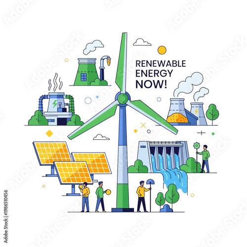 Renewable Energy Now! Wind, Solar, Hydro Power Stations & People Working