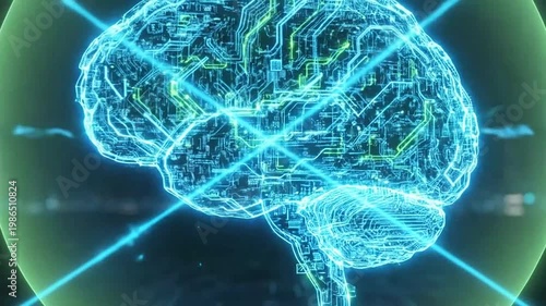 Glowing digital brain with neon blue lines.