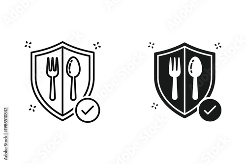 Food safety shield with fork and spoon icons, approved checkmark, vector illustration