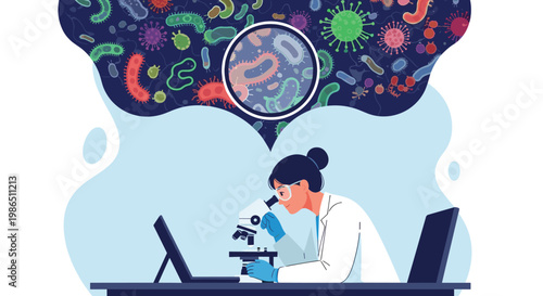 Female scientist in a lab coat using a professional microscope to examine various colorful bacteria and virus samples on a screen.