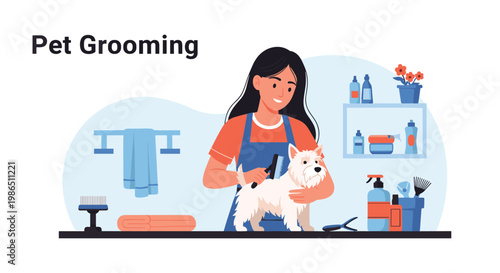 Friendly pet groomer in a blue apron brushing a white terrier dog in a clean salon equipped with various professional hair care tools.