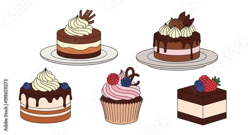 Five decorative dessert items including chocolate cakes, cupcakes, and fruit-topped pastries for catering and celebration concepts.