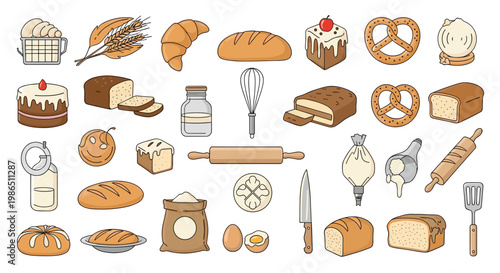 Extensive set of bakery products and baking tools including bread, cakes, pastries, flour, eggs, and various kitchen utensils.