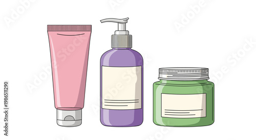Three different cosmetic containers including a tube, a pump bottle, and a jar for beauty, skincare, and personal hygiene products.