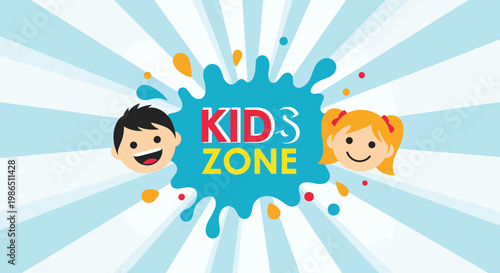 Vibrant Kids Zone sign featuring happy boy and girl faces on a blue paint splash against a sunburst background for play areas.