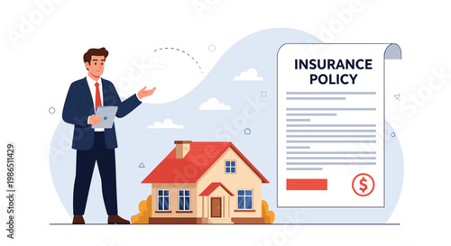 Professional insurance agent in a suit presenting a home insurance policy document next to a house model for financial protection.