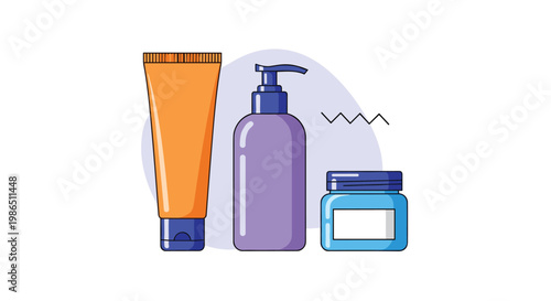 Three different cosmetic product containers including a tube, pump bottle, and cream jar on a soft abstract background for beauty.