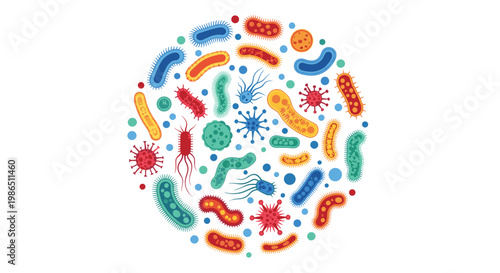 Diverse collection of colorful microscopic bacteria, viruses, and germs arranged in a circular formation for biology and medicine.