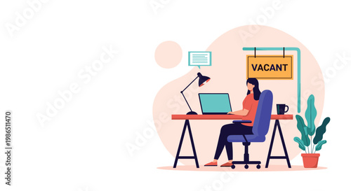 Businesswoman working at her desk with a vacant sign hanging nearby to represent job openings and recruitment.
