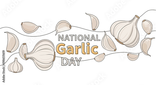 Overhead vector illustration showcases National Garlic Day with fresh garlic cloves and bulbs scattered on a white backdrop, creating a clean and culinary-themed food preparation