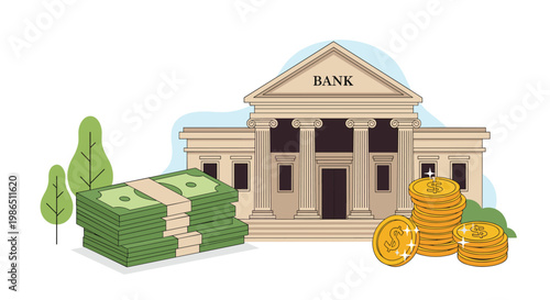 Classic bank building with columns surrounded by large stacks of dollar bills and gold coins for finance concepts.