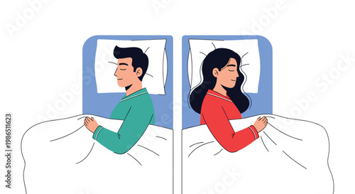 Couple sleeping in separate twin beds side by side under white blankets against a minimalist background for relationship concepts.