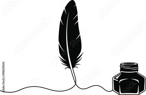 Quill pen and ink bottle for writing and drawing