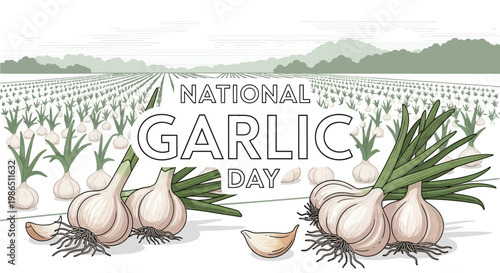 Celebrating National Garlic Day with a farm-to-table garlic illustration, featuring fresh garlic cloves and bulbs in a field with mountains in the distance, all presented as a clean vector