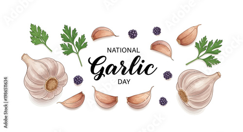 Vector illustration featuring National Garlic Day with fresh garlic cloves and parsley arranged on a white background, perfect for a social media post promoting healthy cooking