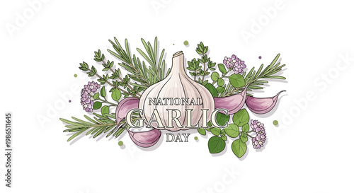 Overhead vector illustration celebrating National Garlic Day with fresh garlic cloves and bulbs arranged among culinary herbs on a white background, capturing a farm-to-table, organic food
