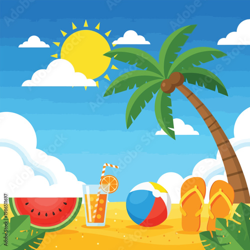 Summer vacation elements including watermelon slice drink beach ball and flip flops.