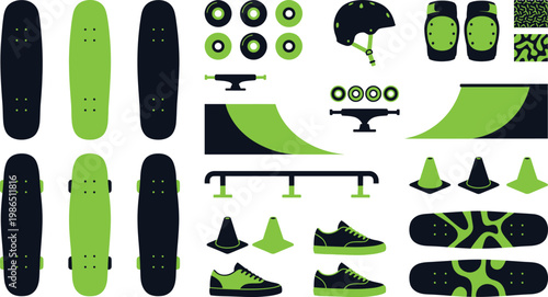 Green and black skateboard parts and accessories for tricks and stunts