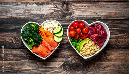 Two heartshaped bowls filled with healthy food, including salmon, tuna, broccoli, rice, quinoa, vegetables, and avocado on a rustic wooden background