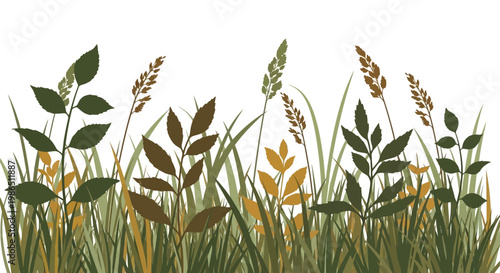 Green meadow with grass and flowers in a rural farm landscape under a blue sky