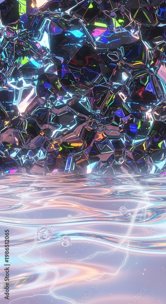 Fototapeta premium Abstract Iridescent Crystal and Liquid Background with Neon Reflections and Bubbles, Futuristic Digital 3D Render