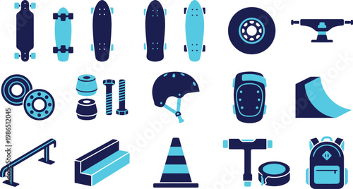 Collection of skateboarding equipment and accessories in blue hues