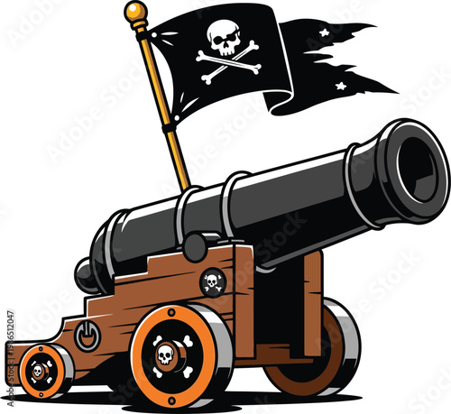 Vintage pirate cannon with skull and crossbones flag.