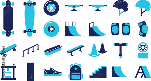 Collection of skateboarding icons and equipment in blue hues, including boards, wheels, and protective gear.