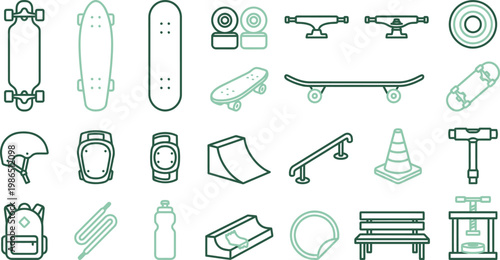 Various skateboarding gear and equipment icons in green outline on white background
