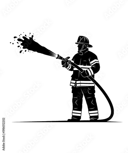 firefighter extinguishing flames with hose vector illustration
