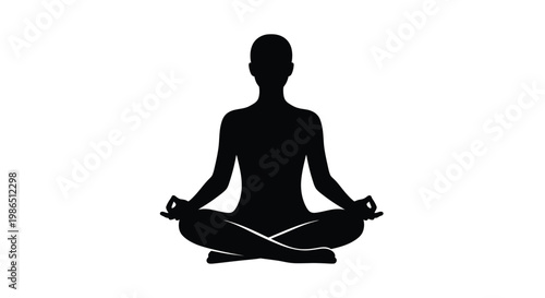 A serene black vector silhouette illustration of a person meditating in a peaceful lotus pose, symbolizing mindfulness, tranquility, and wellness for health and relaxation graphic design.