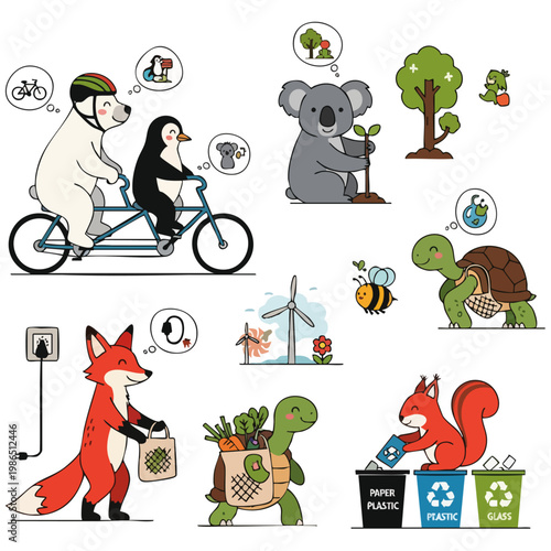 Cute Animals Promoting Eco-Friendly Lifestyle Vector Illustration