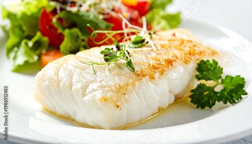 Grilled white fish fillet served with fresh salad on a white plate