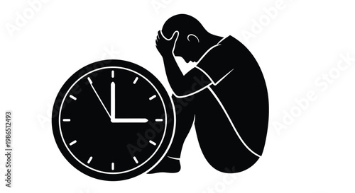 Distressed vector graphic illustration depicting a stressed person sitting hunched over beside a large clock, symbolizing pressure, anxiety, and the relentless passage of time.