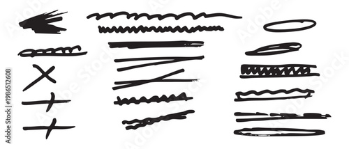 Vintage black mascara set illustration with decorative vector border ornaments, vintage line art frame elements, silhouette brush stroke banner and grunge design icons