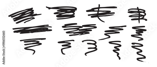 A simple set of hand drawn hand gesture icons created with pen and brush tools representing art, office, and school concepts in black on paper
