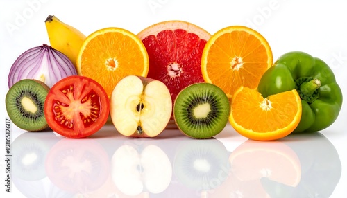Assortment of fresh fruits and vegetables including citrus, kiwi, apple, tomato, and bell pepper isolated on white background