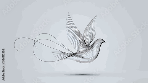 Elegant Minimalist Stylized Flying Dove Silhouette Rendered in Fine Line Art
