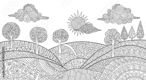 Intricate Zen Garden Landscape with Stylized Trees, Sun, and Clouds for Adult Coloring Pages
