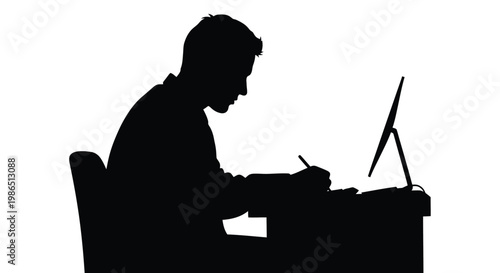 Silhouette vector graphic illustration depicting a concentrated person engaged in writing and desk work, utilizing a pen and viewing a computer display.
