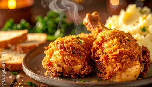 Hot and crispy fried chicken drumsticks and thighs, steaming on a rustic wooden table with mashed potatoes and bread, garnished with fresh parsley