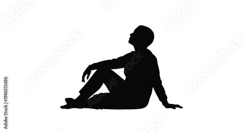 Minimalist vector graphic design illustration featuring a serene person's silhouette seated comfortably on the ground, looking upwards thoughtfully, ideal for various projects.